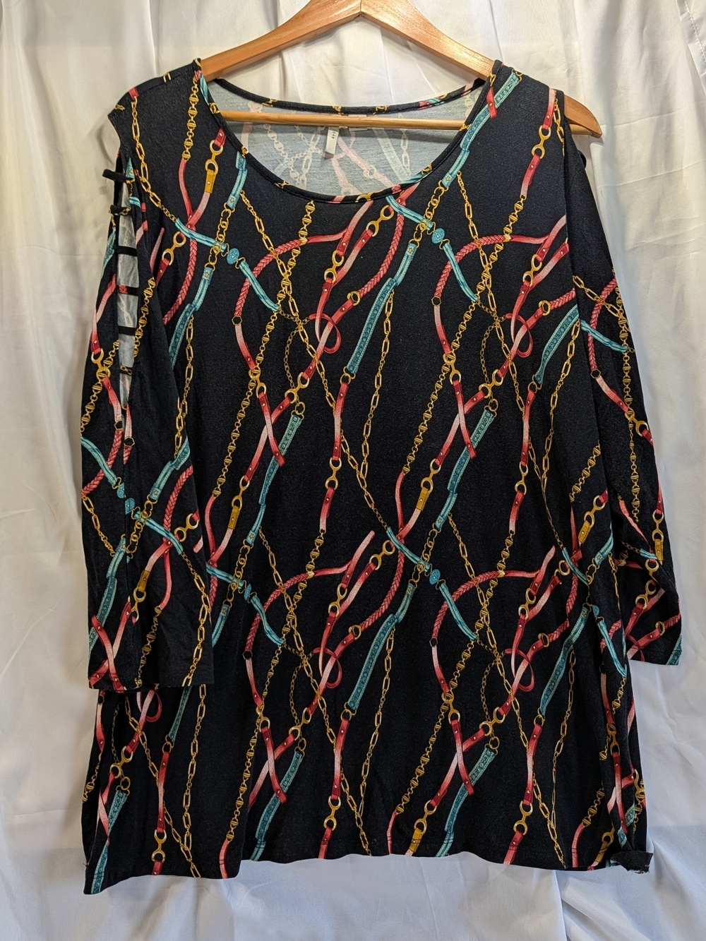est 1946 Black Bit & Bridle  Print Cold-Shoulder Tunic Top Size XL
